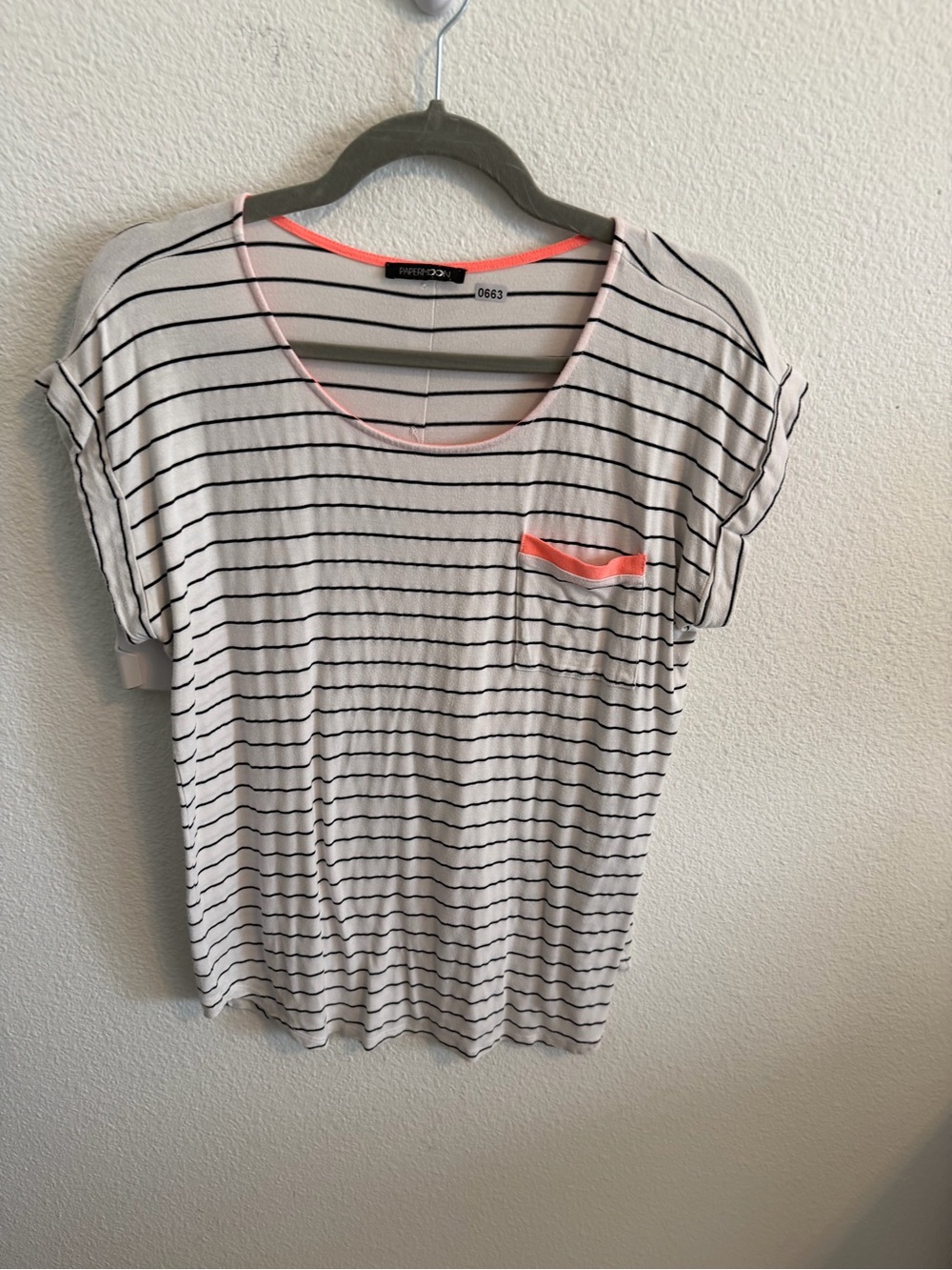 Papermoon White Striped Short Sleeve Tee with Coral Trim